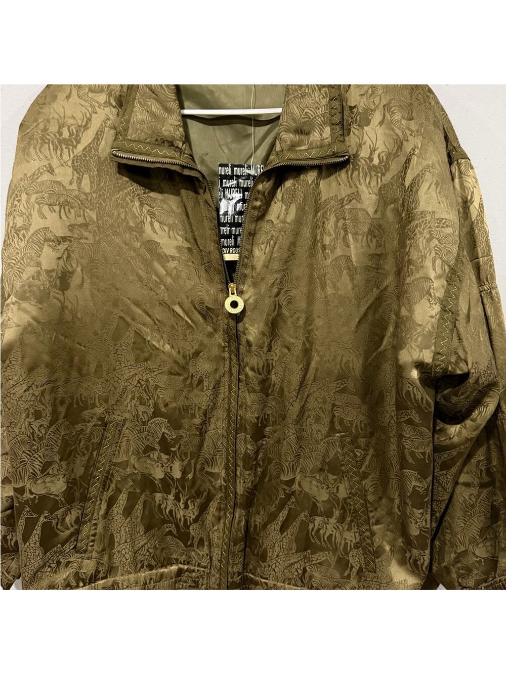 Vintage NWT Mureli 100% Silk Safari Animal Jacquard Bomber Jacket - Olive - XL